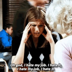 a woman with her hands on her head says oh god i hate my job i hate it i hate my job i hate it .