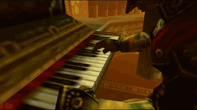 a man is playing a piano in a video game with the letter e on the keyboard