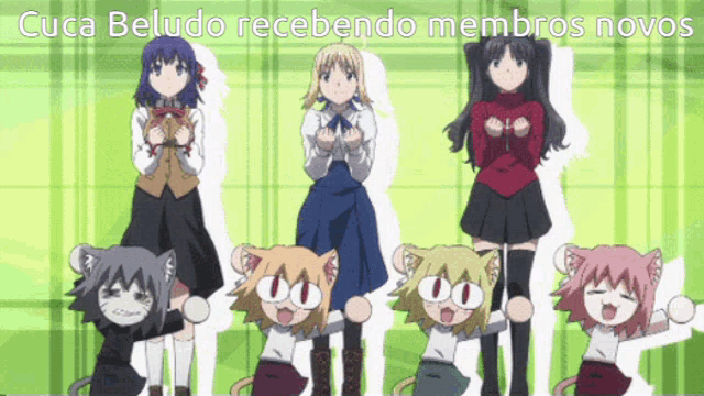 cuca beludo recebendo membros novos is written above a group of girls
