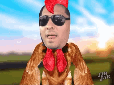 a cartoon of a man dressed as a chicken with jib jab written on the bottom right