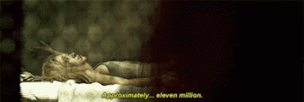 a woman is laying on a bed with the words `` approximately ... eleven million '' written in yellow .