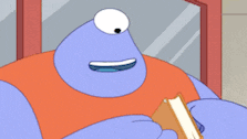 a cartoon character is reading a book while wearing an orange tank top