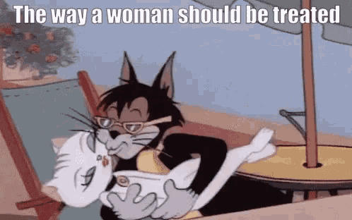 a cartoon of tom and jerry kissing a cat with the words `` the way a woman should be treated '' written on it .