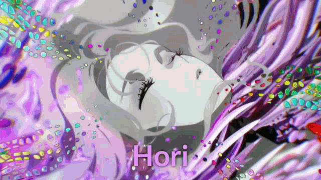 a cartoon of a girl with a purple background and the name hori on the bottom