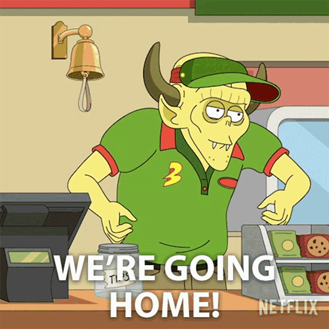 a cartoon character says " we 're going home " in front of a bell