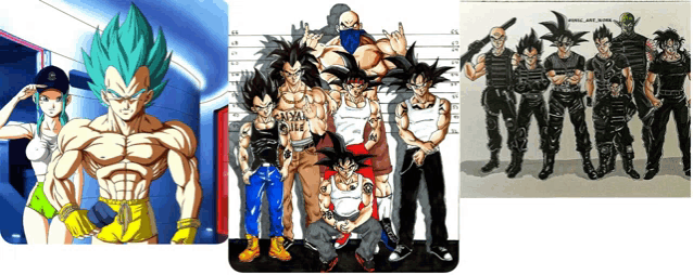 a group of cartoon characters are standing next to each other and one of them has a tattoo on his arm that says " goku "