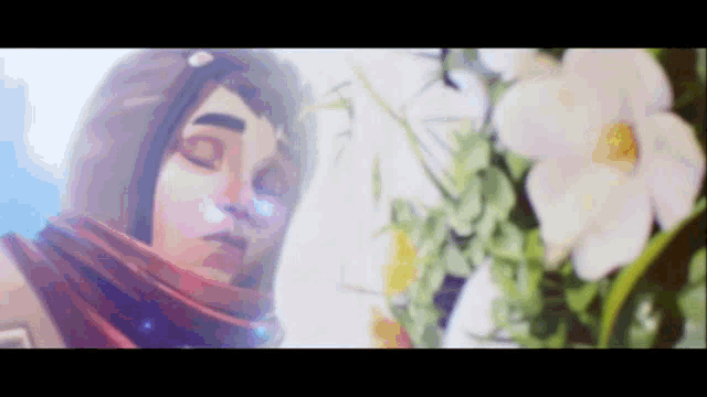 a close up of a person standing next to a flower .