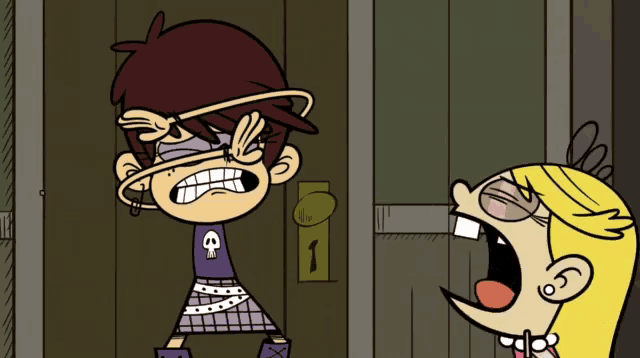 a cartoon girl with a skull on her shirt is standing next to another girl
