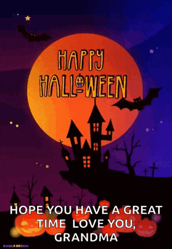 a happy halloween card for grandma with a castle and bats