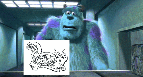 a drawing of sulley from monsters inc next to a picture of a cat