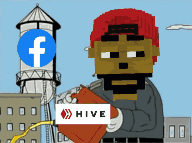 a cartoon of a man holding a gas can next to a facebook logo and a hive logo