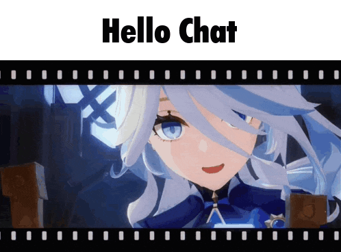 a picture of a girl with white hair and blue eyes with the words hello chat below her