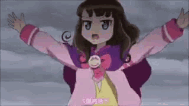 a girl in a pink and purple outfit is standing with her arms outstretched in the air .