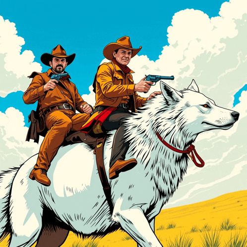 two men in cowboy hats are riding on the back of a wolf