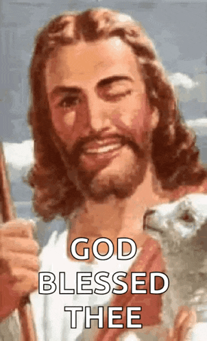 jesus is smiling and holding a stick in his hand .