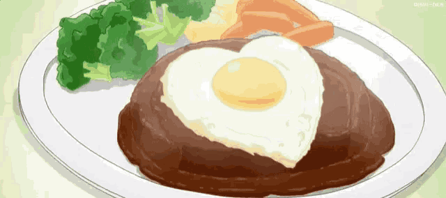 a plate of food with a heart shaped fried egg on top of a steak and broccoli .