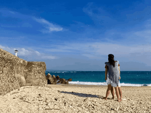 a couple standing on a beach looking out to the ocean
