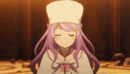 a girl with purple hair and a white hat