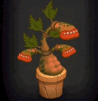a cartoon plant with a face on it is in a pot on a dark background .