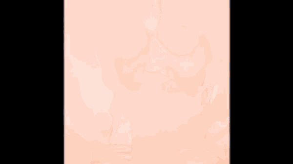 a close up of a person 's face with blue hair on a pink background