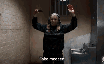 a woman holding a bloody knife with the words take meeeee on the bottom