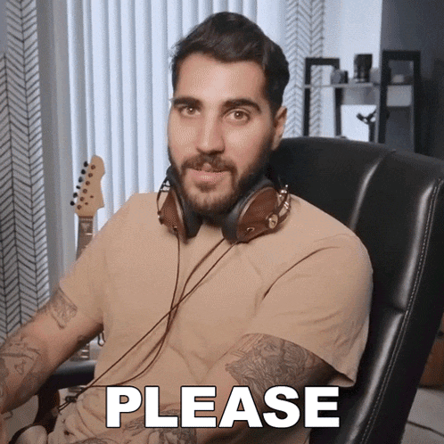 a man wearing headphones is sitting in a chair with the word please above him