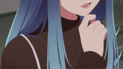 a girl with long blue hair is wearing a sweater