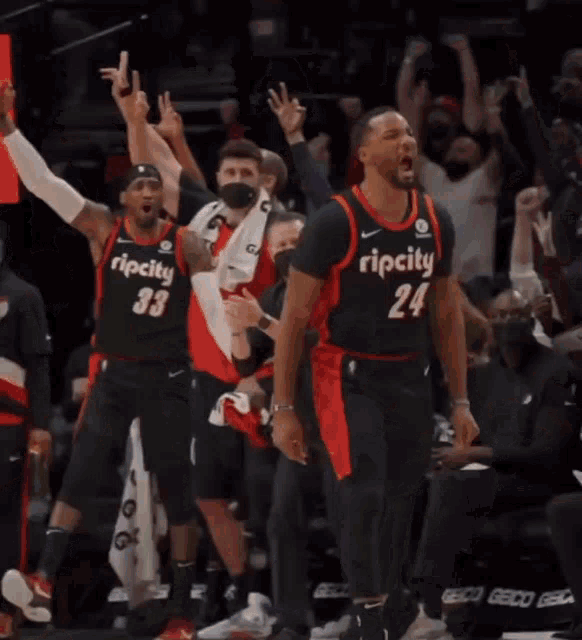 a group of basketball players wearing ripcity jerseys celebrate