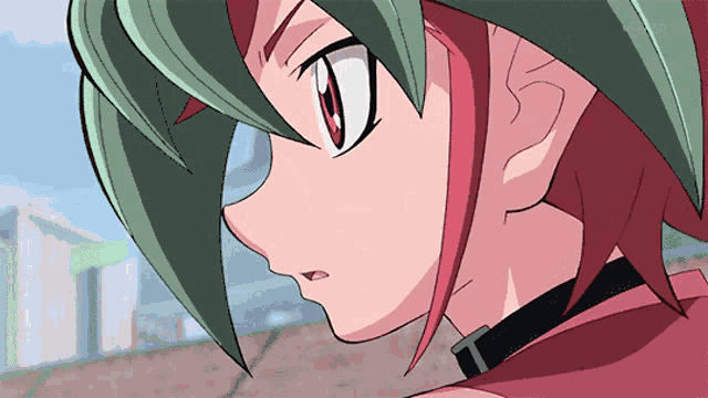 a close up of a anime character with green hair