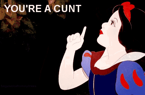 a cartoon of snow white with the words " you 're a cunt " on the bottom