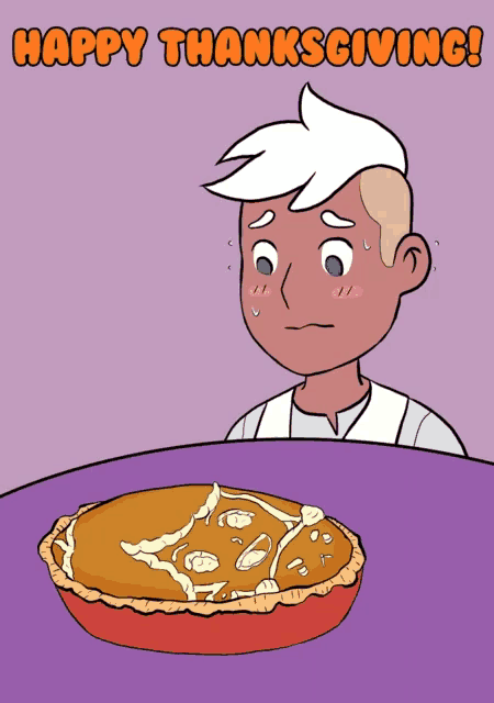 a cartoon of a boy looking at a pumpkin pie with the words happy thanksgiving written above him