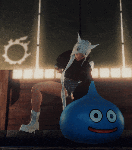 a video game character is sitting on a blue blob with a face on it