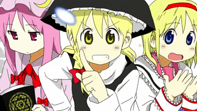 three anime girls are standing next to each other with one pointing
