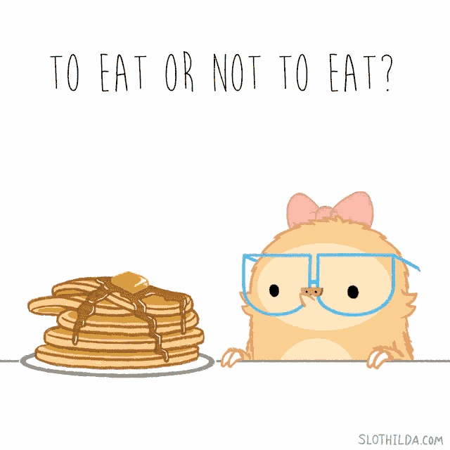 an illustration of a sloth eating pancakes with the words " eat !!! " below it