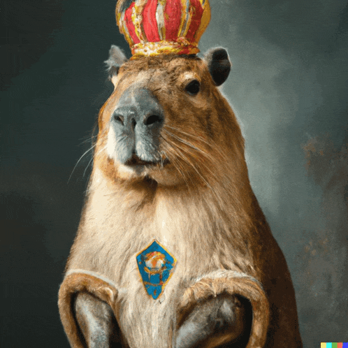 a capybara wearing a crown and a badge that says king