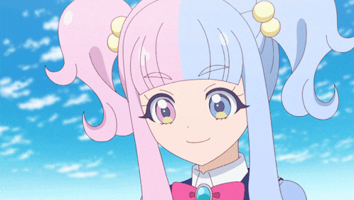 a cartoon girl with pink and blue hair and a blue sky behind her