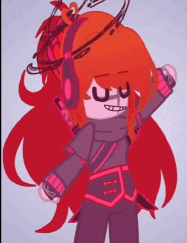 a cartoon character with red hair is wearing headphones and holding a sword