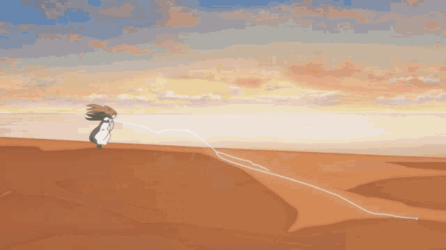 a cartoon drawing of a woman walking in the desert