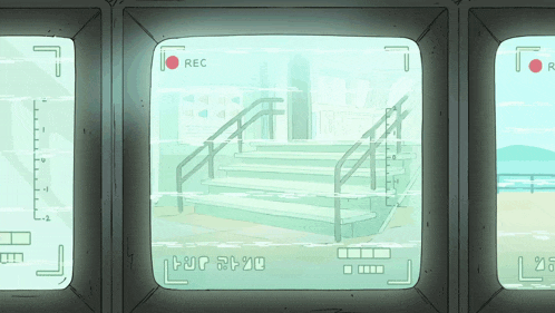 a screen shows a staircase and the word rec