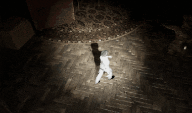 a person walking on a wooden floor with a shadow on it