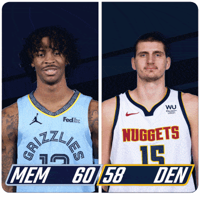 two basketball players from the grizzlies and the nuggets are standing next to each other