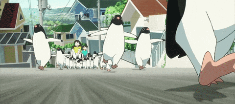 a group of penguins are walking down a street in front of a building that has the word kiwi on it