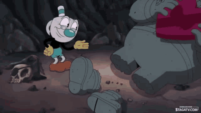 a cartoon character named cuphead is standing next to a statue of an elephant