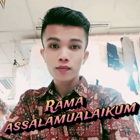 a young man taking a selfie with the words rama assalamualaikum above him