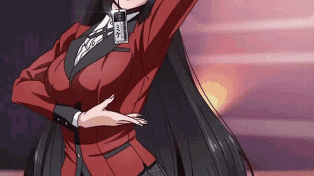 a girl with long black hair is wearing a red jacket with a badge that says ' a ' on it