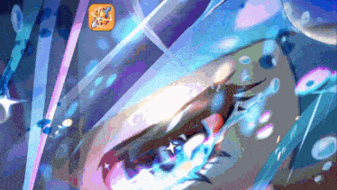 a cartoon shark is surrounded by bubbles and a purple background