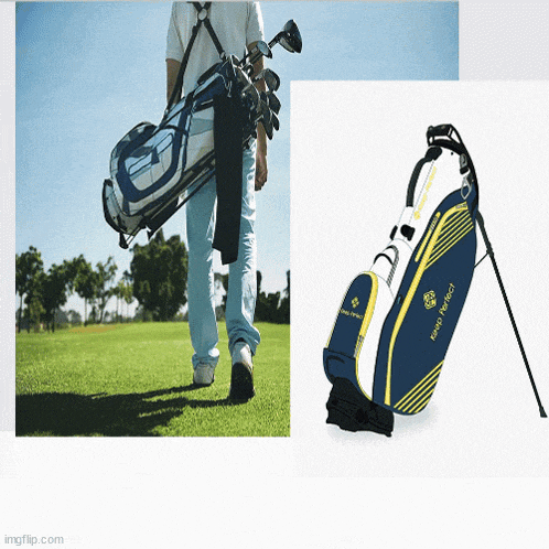 a man is carrying a golf bag and a golf bag that says keep it perfect