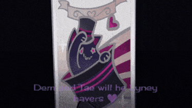 a drawing of a cat with a banner that says " dem and tae will he lyney haves "