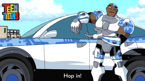a cartoon character from teen titans is standing next to a police car