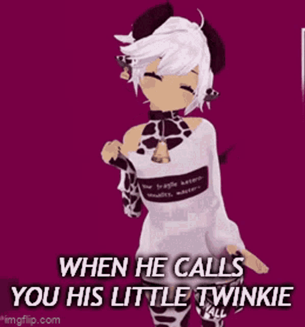 when he calls you his little twinkie , a 3d anime girl with horns is standing on a purple background .